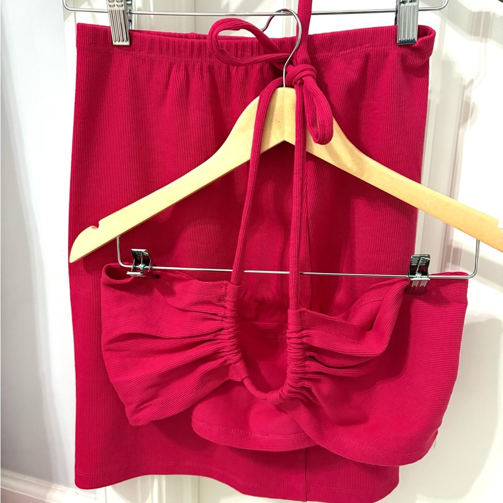 Hot Pink Two-Piece Skirt and Crop Top Set